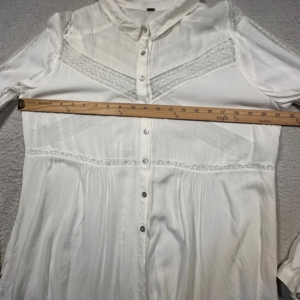 Free People Wild Wind Lace Inset Button Down Tunic Blouse Womens‎ M Ivory Boho